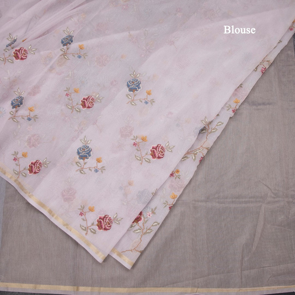Linen Lavender Floral Thread Work Saree