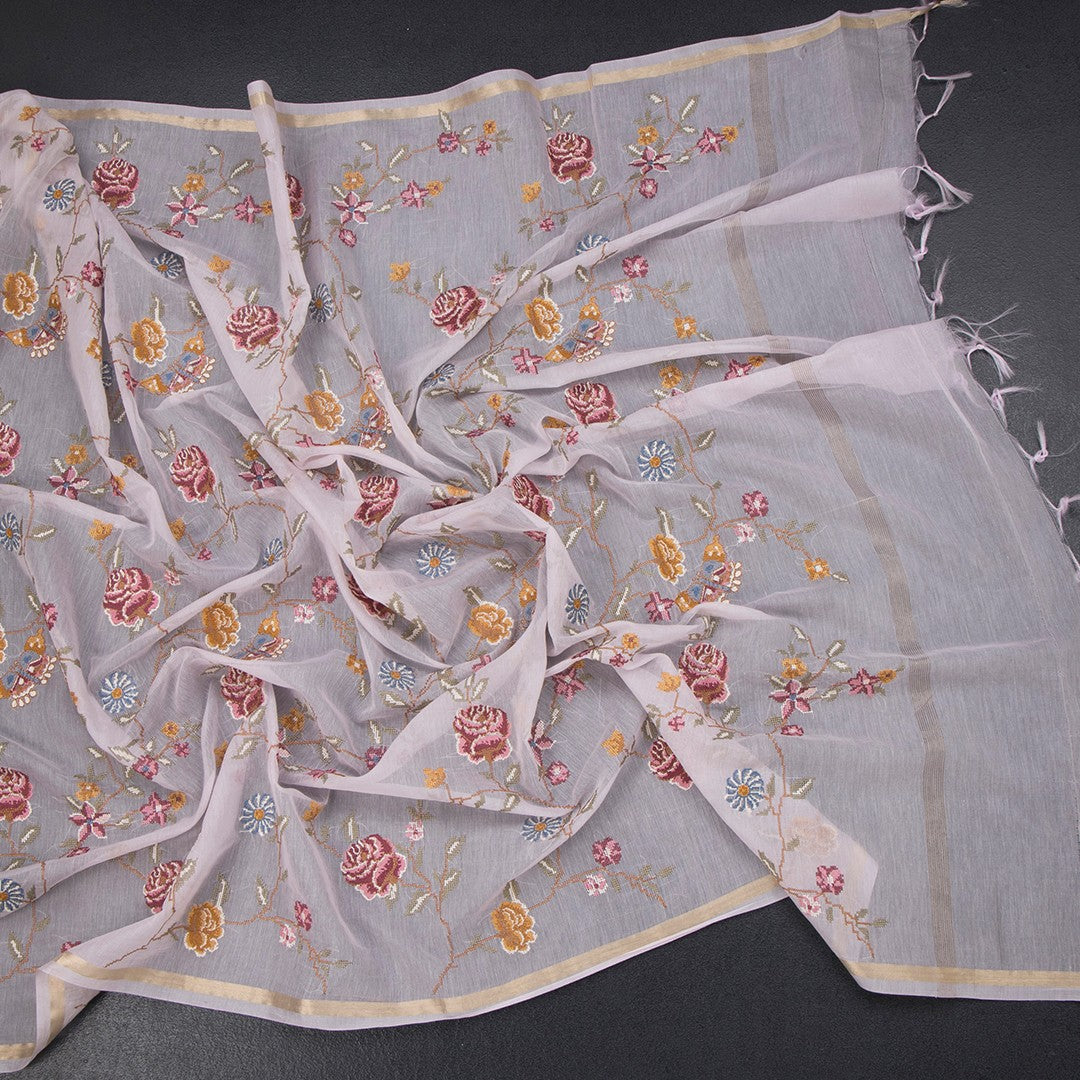 Linen Lavender Floral Thread Work Saree