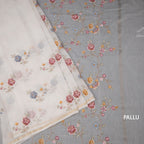 Linen Cream Floral Thread Work Saree 03
