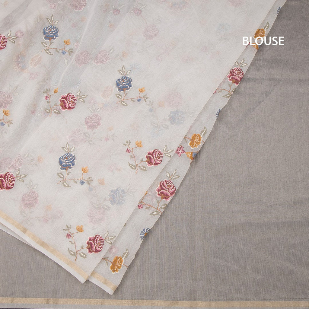 Linen Cream Floral Thread Work Saree 03