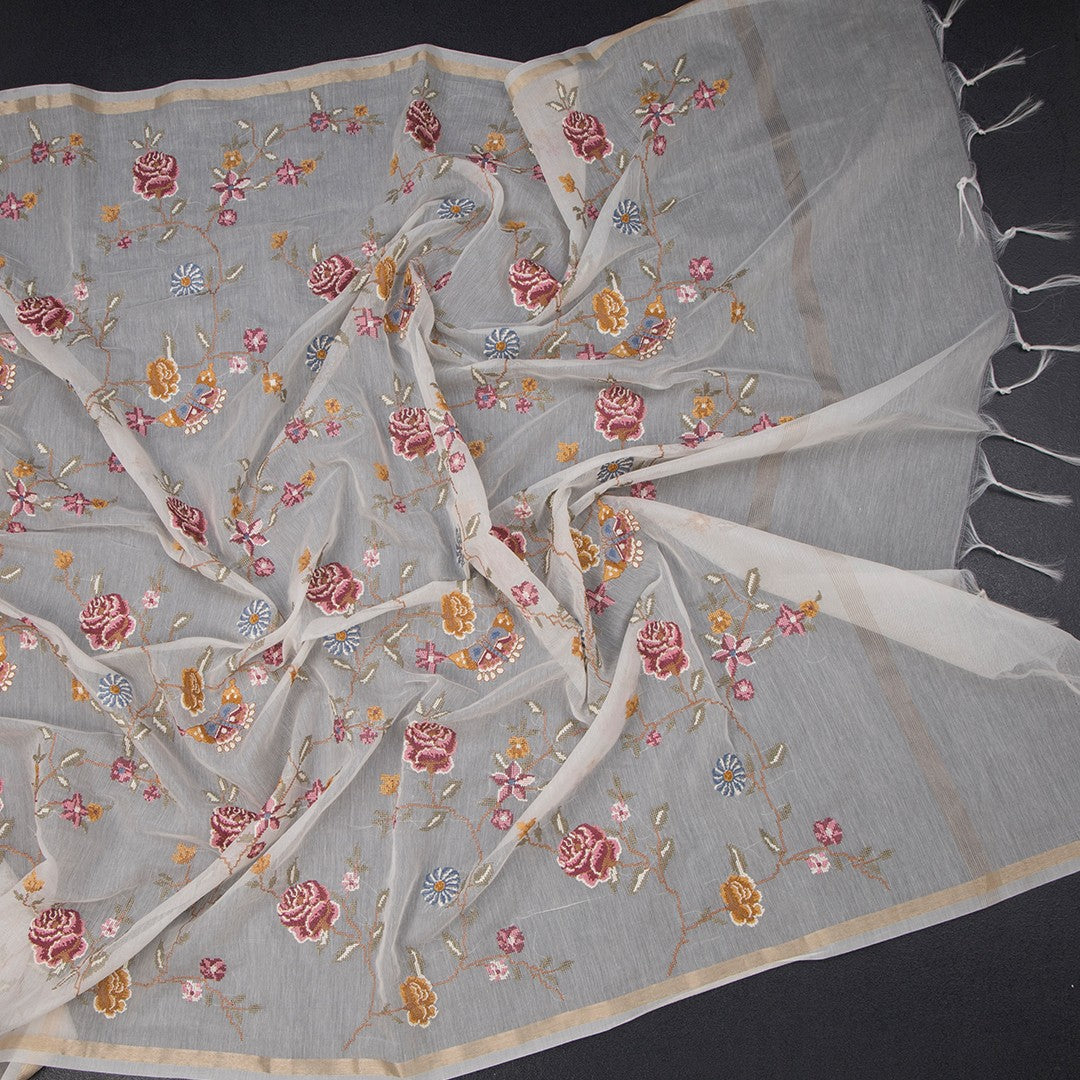 Linen Cream Floral Thread Work Saree 03