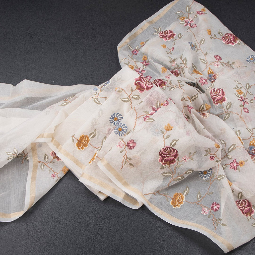 Linen Cream Floral Thread Work Saree 03