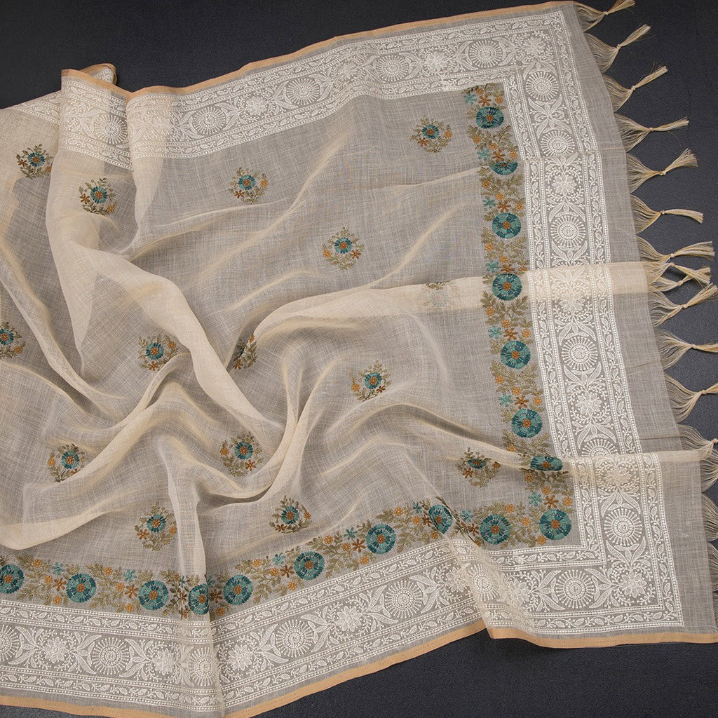 Linen Cream Floral Thread Work Saree 02