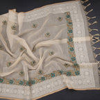 Linen Cream Floral Thread Work Saree 02