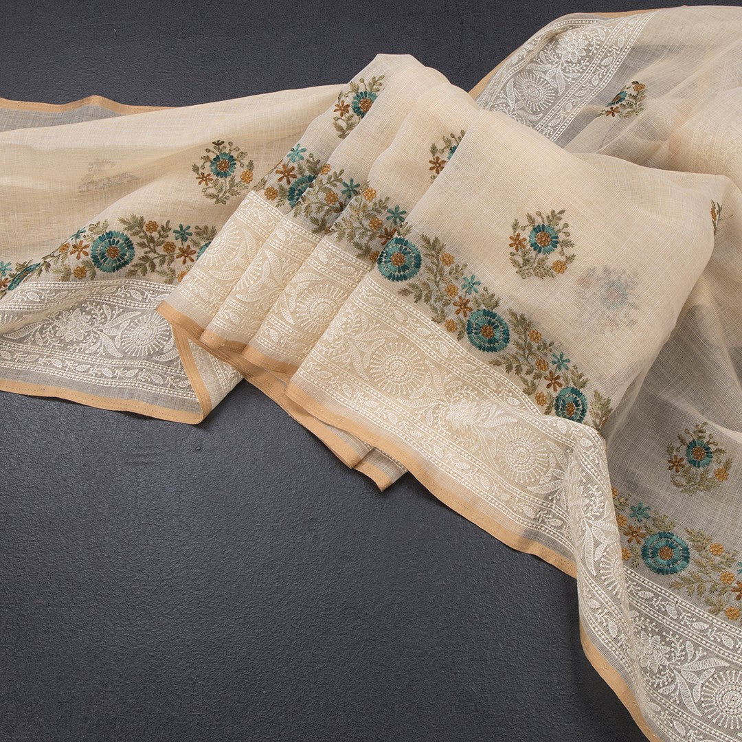 Linen Cream Floral Thread Work Saree 02