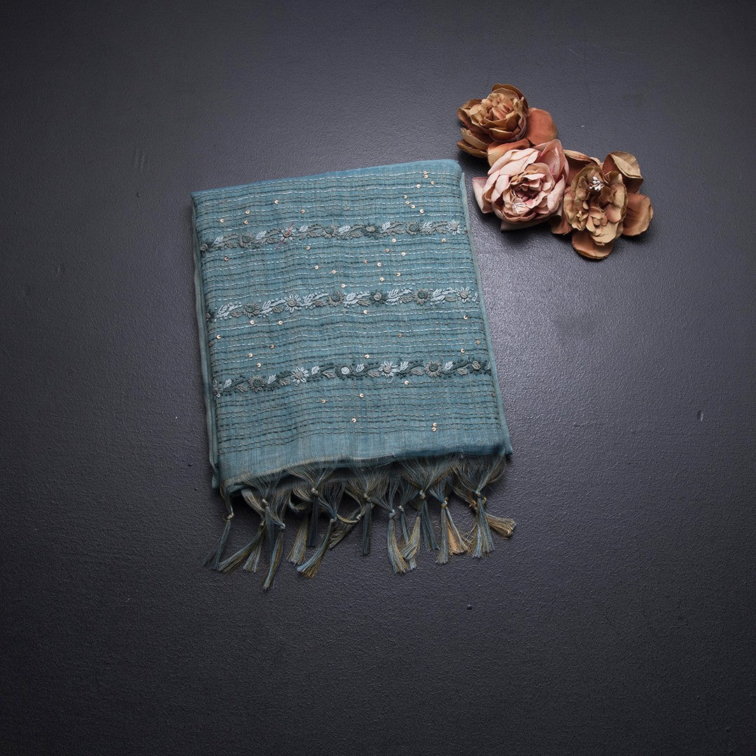 Linen Peacock Blue Floral Thread Work Saree