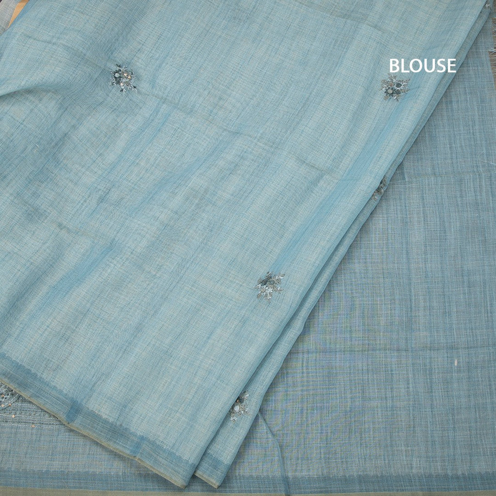 Linen Peacock Blue Floral Thread Work Saree