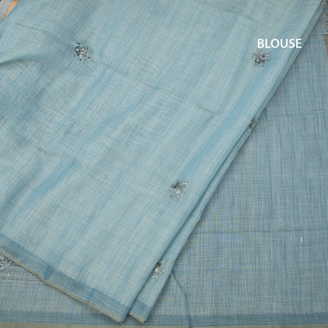 Linen Peacock Blue Floral Thread Work Saree