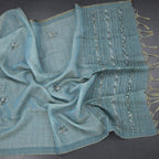 Linen Peacock Blue Floral Thread Work Saree