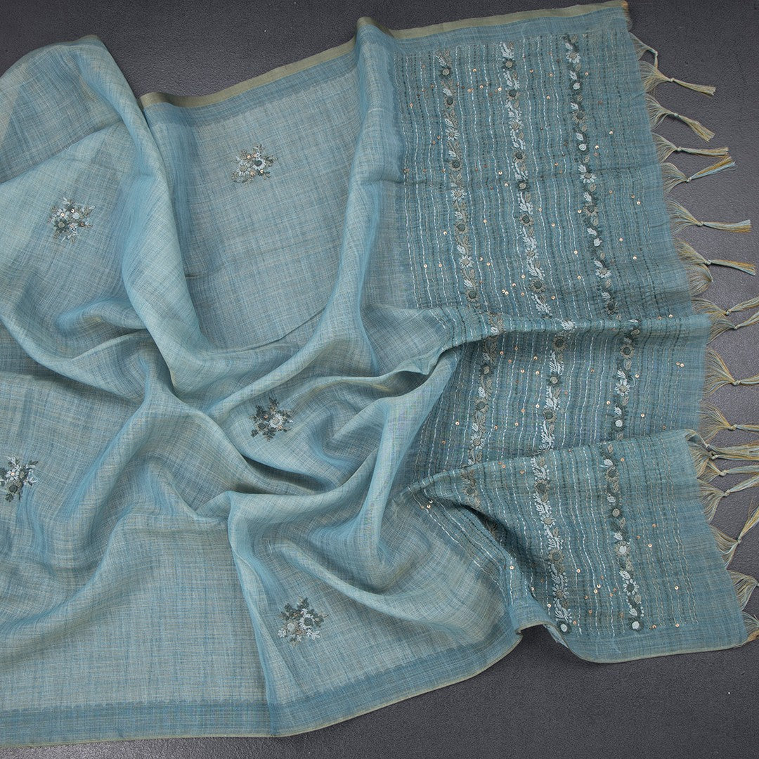 Linen Peacock Blue Floral Thread Work Saree