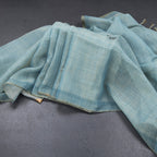 Linen Peacock Blue Floral Thread Work Saree