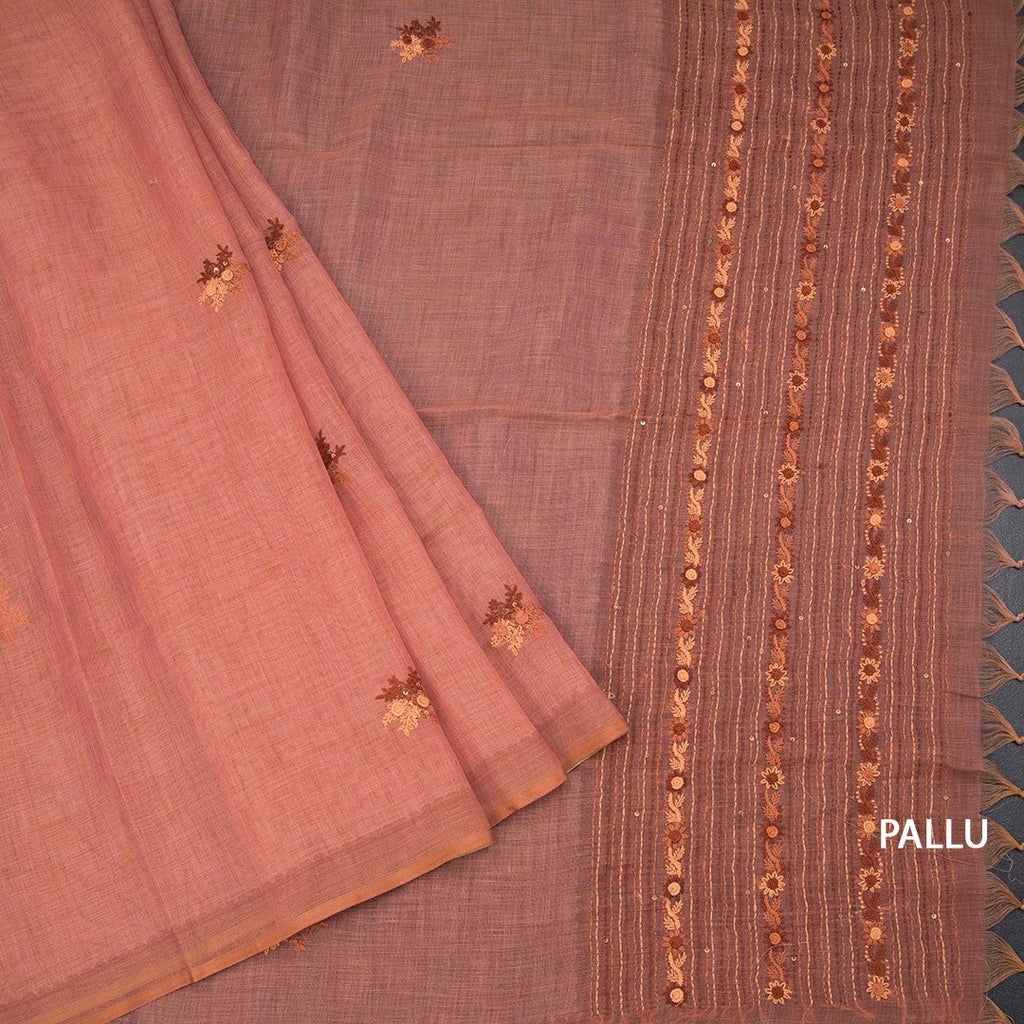Linen Peach Floral Thread Work Saree
