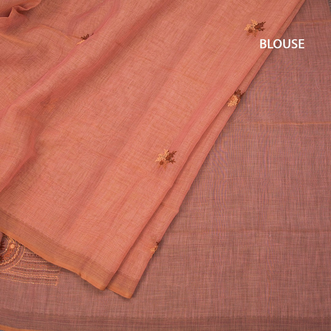 Linen Peach Floral Thread Work Saree