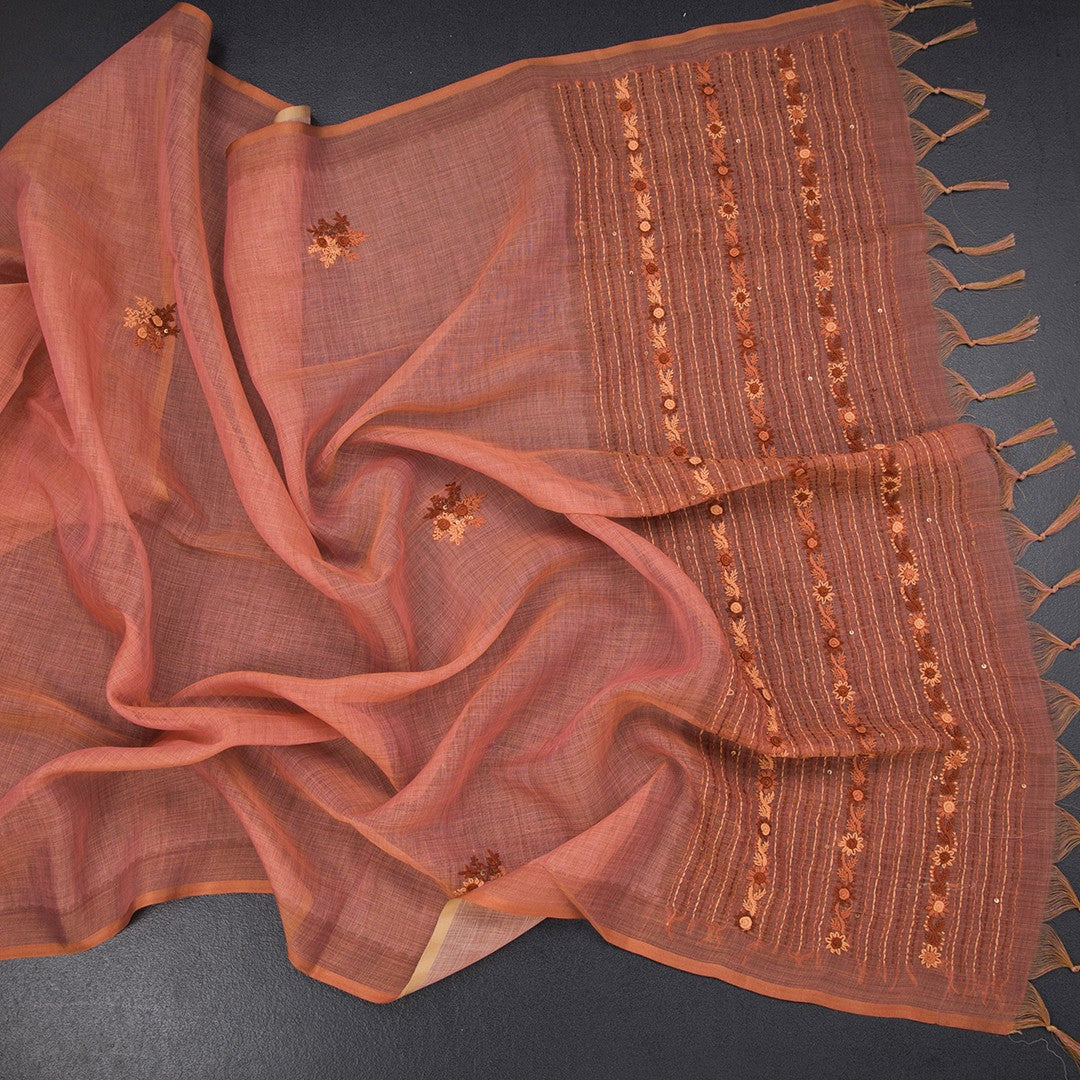 Linen Peach Floral Thread Work Saree