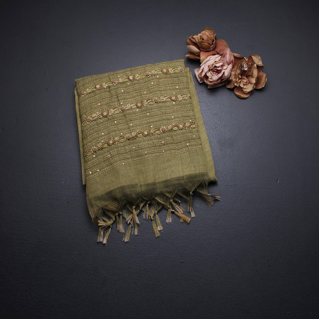 Linen Mehandi Green Floral Thread Work Saree