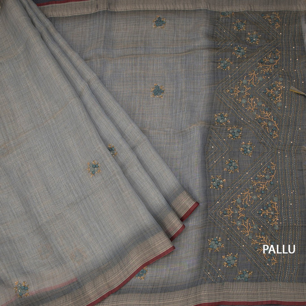 Linen Grey Floral Thread Work Saree