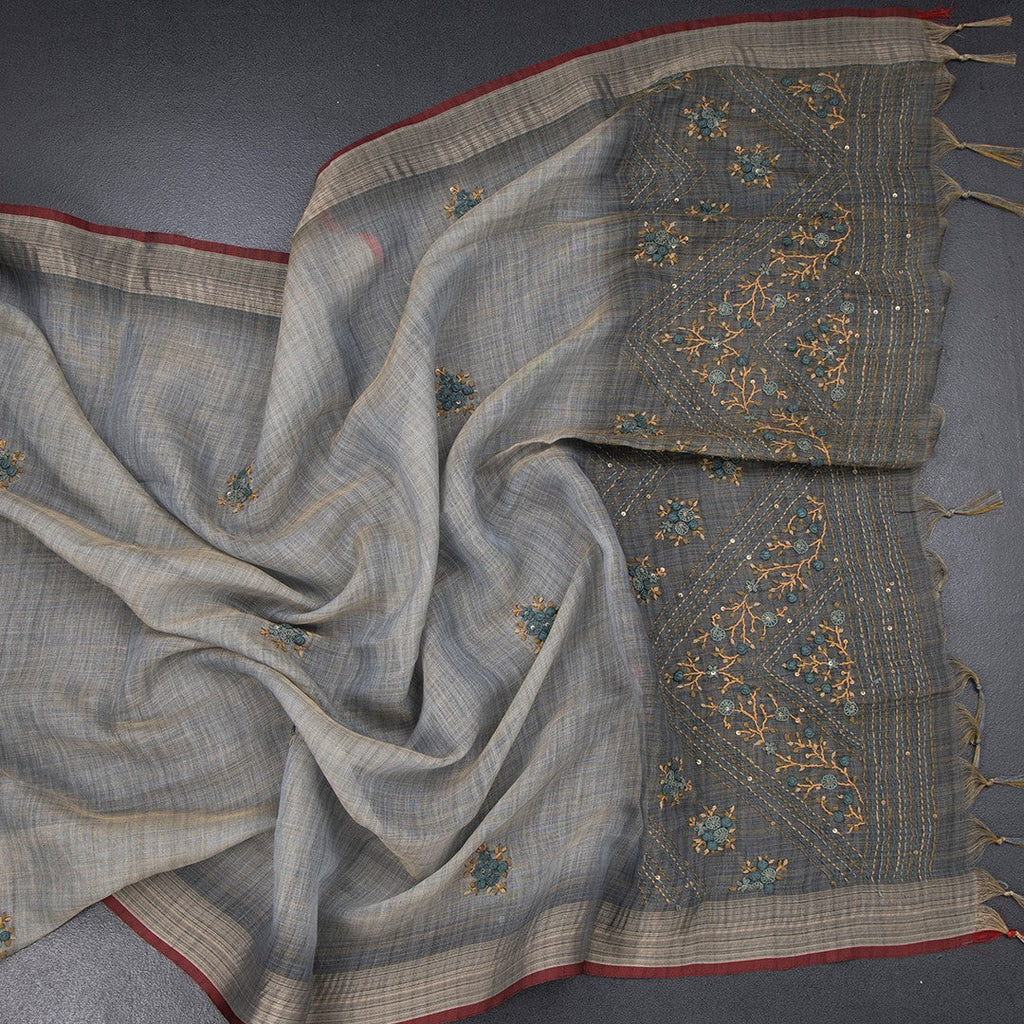 Linen Grey Floral Thread Work Saree
