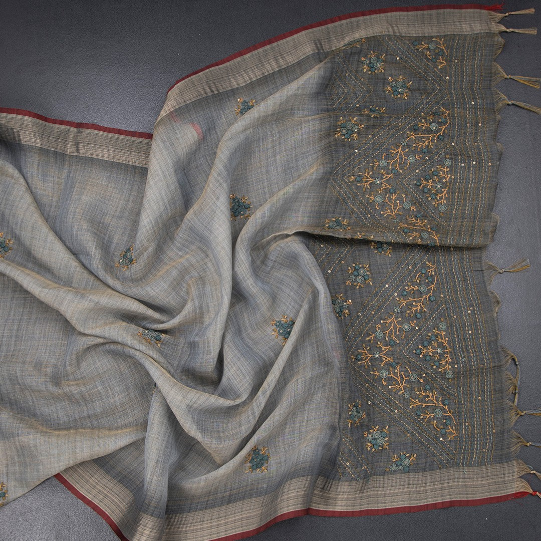 Linen Grey Floral Thread Work Saree