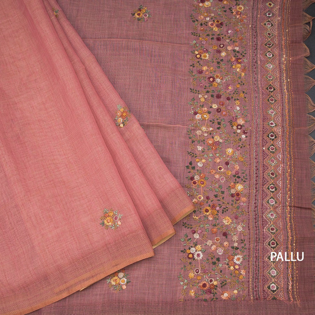 Linen Peach Floral Thread Work Saree 02