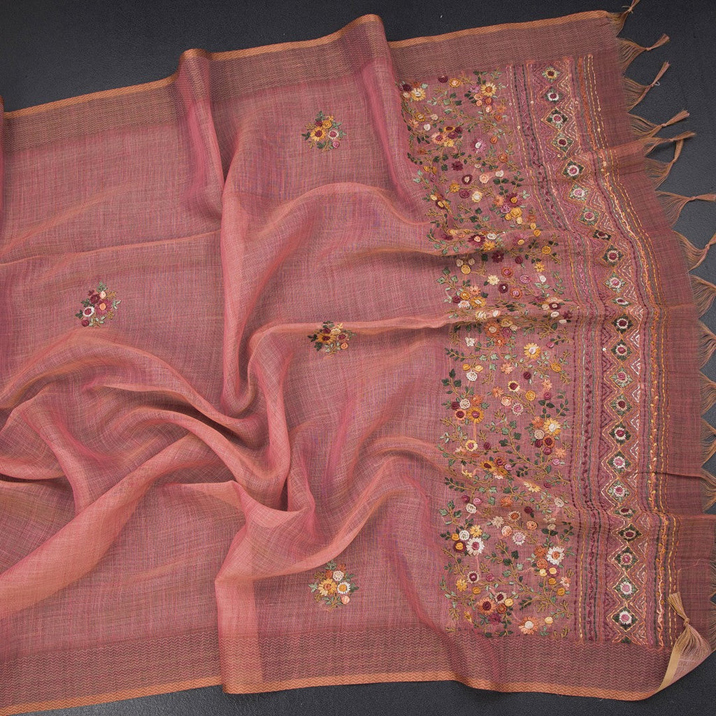 Linen Peach Floral Thread Work Saree 02