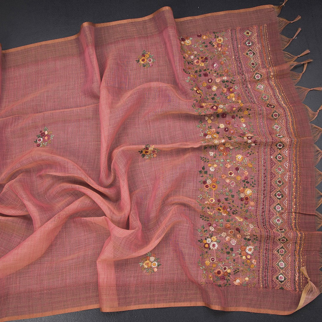 Linen Peach Floral Thread Work Saree 02
