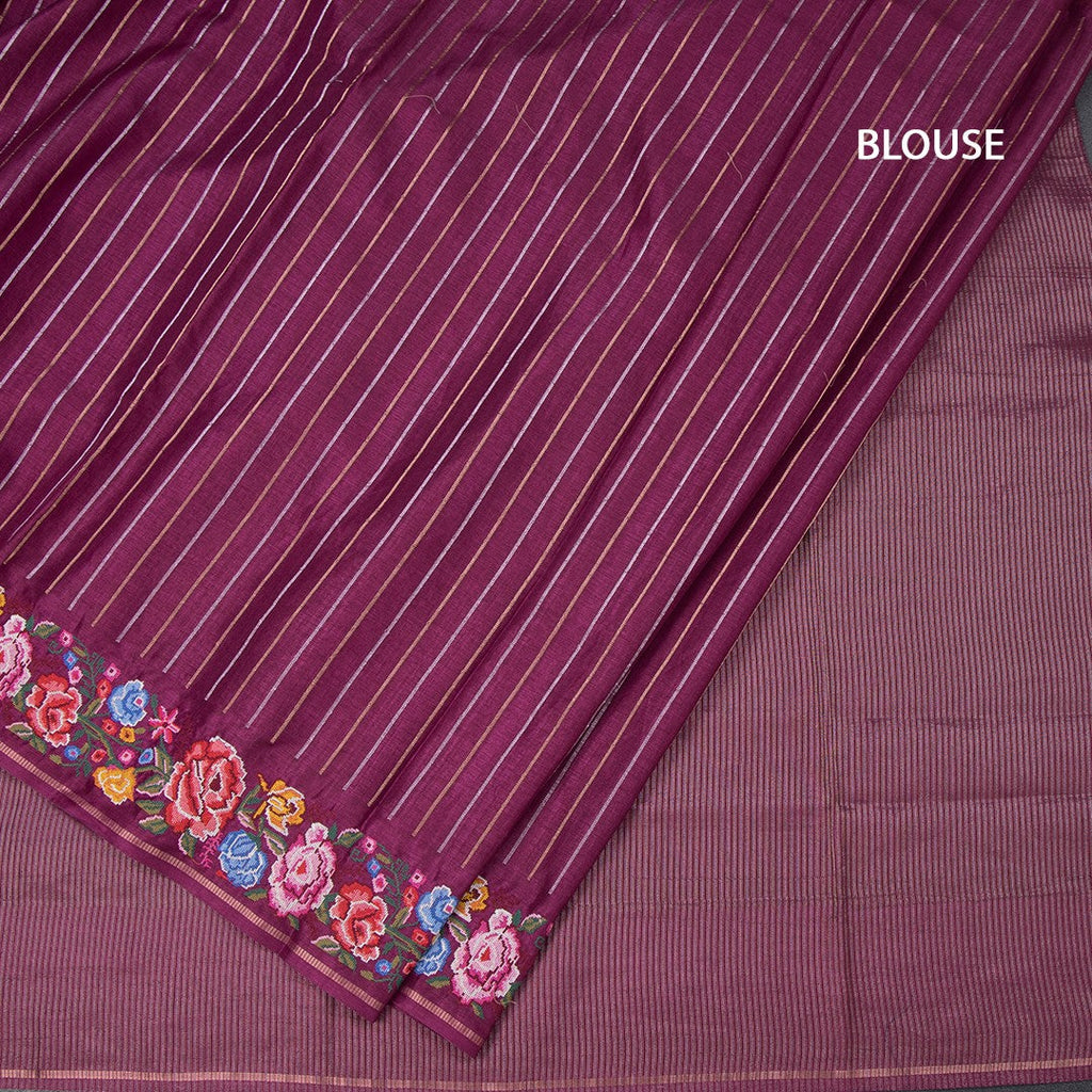Raw Silk Magenta Purple Zari Stripes Saree And Thread Border 02