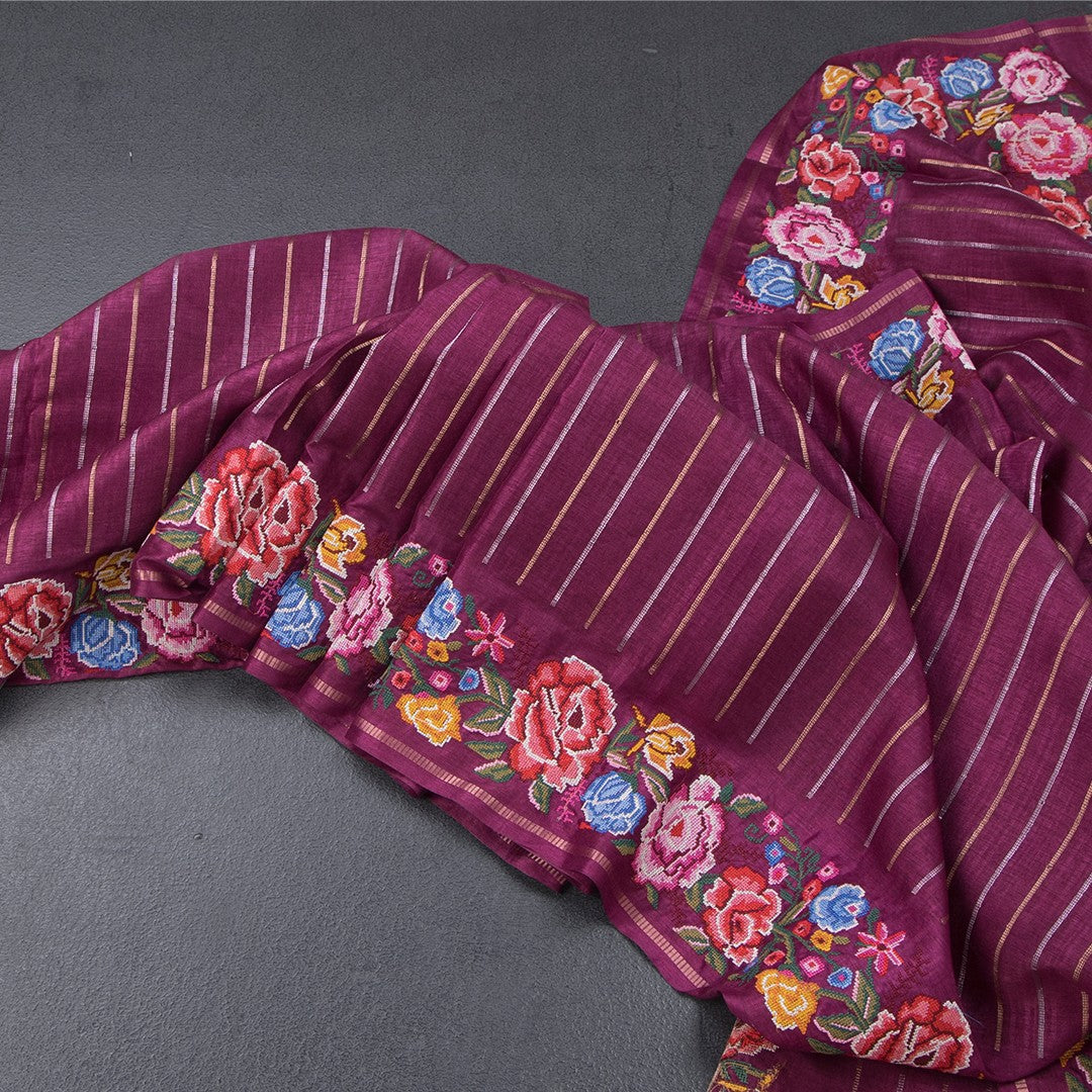 Raw Silk Magenta Purple Zari Stripes Saree And Thread Border 02