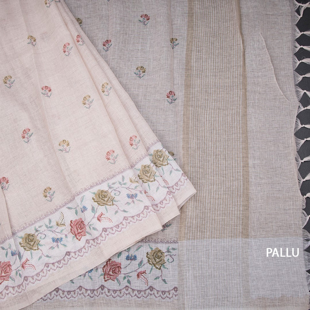 Linen Cream Floral Printed Saree