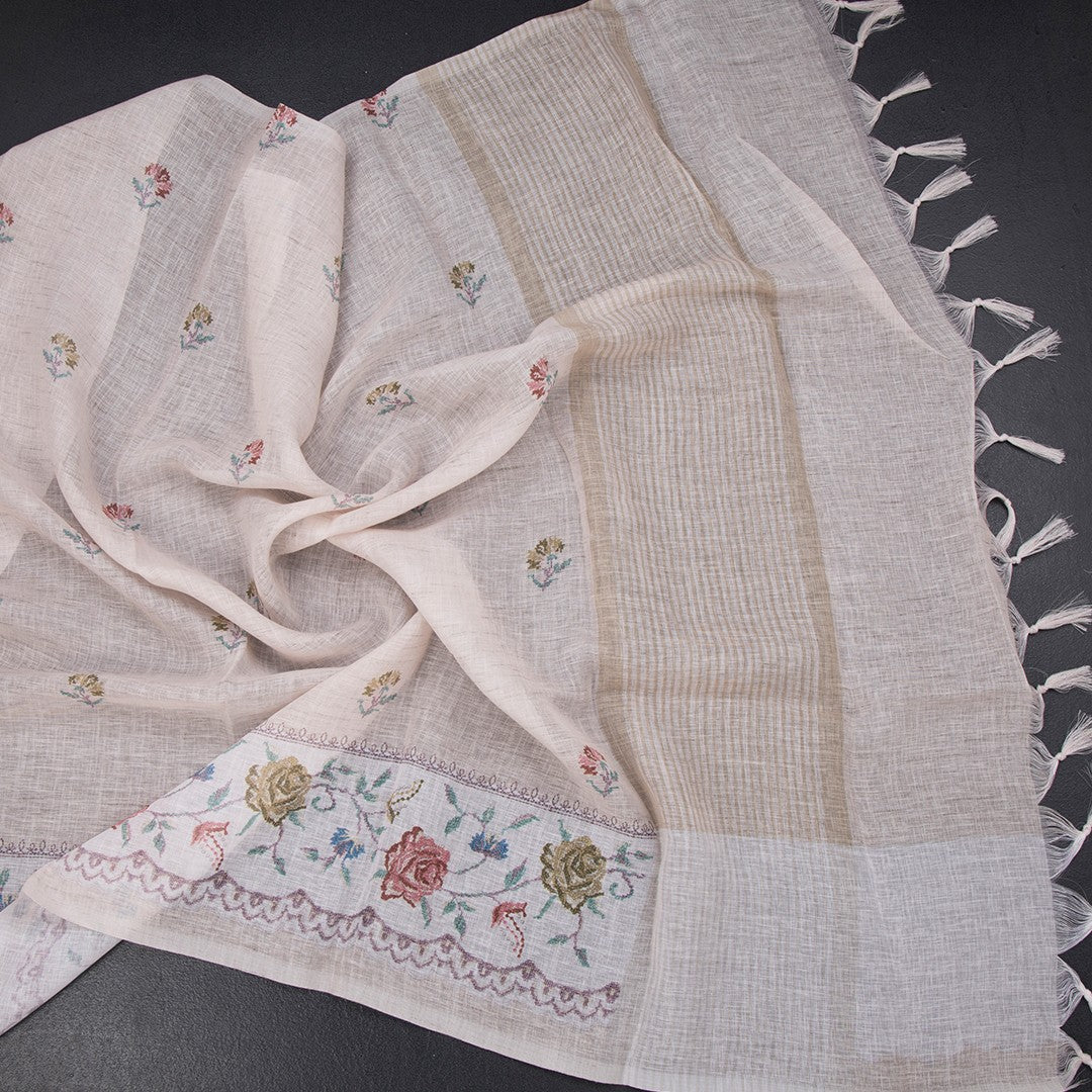 Linen Cream Floral Printed Saree
