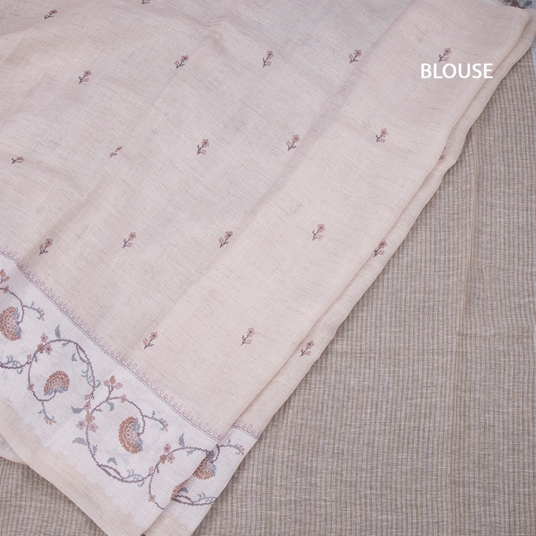 Linen Cream Floral Printed Saree 02