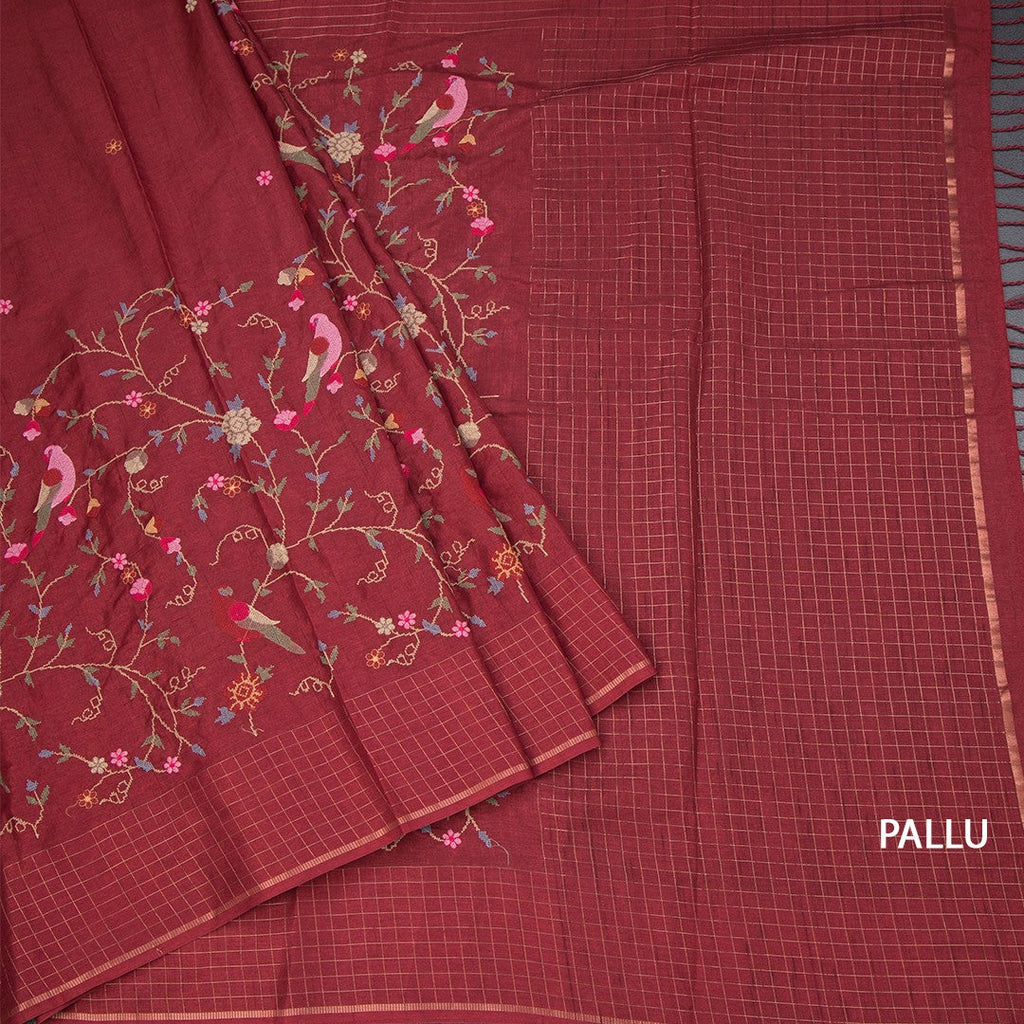 Raw Silk Maroon Floral Thread Work Saree