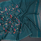 Raw Silk Peacock Green Floral Thread Work Saree