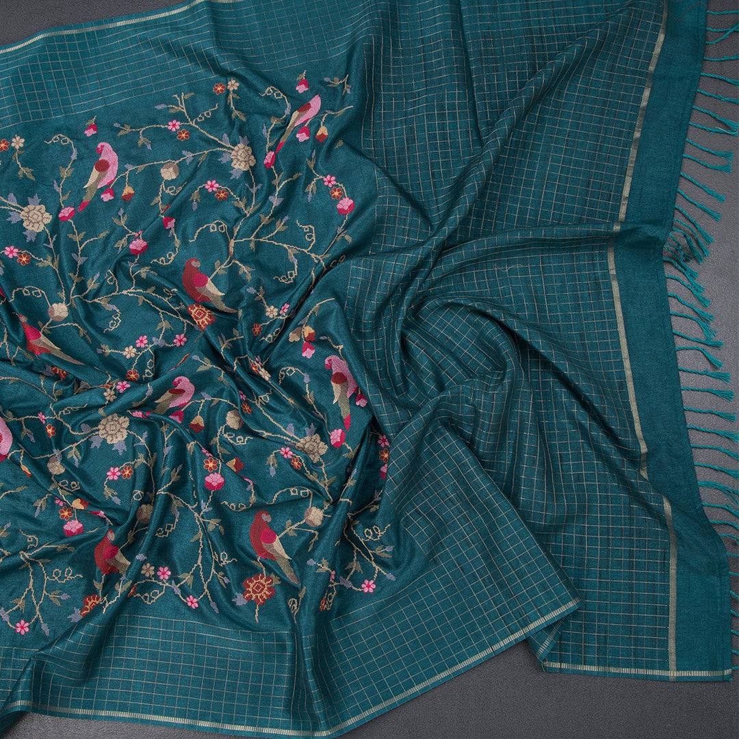 Raw Silk Peacock Green Floral Thread Work Saree
