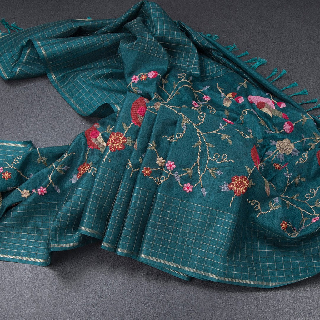 Raw Silk Peacock Green Floral Thread Work Saree