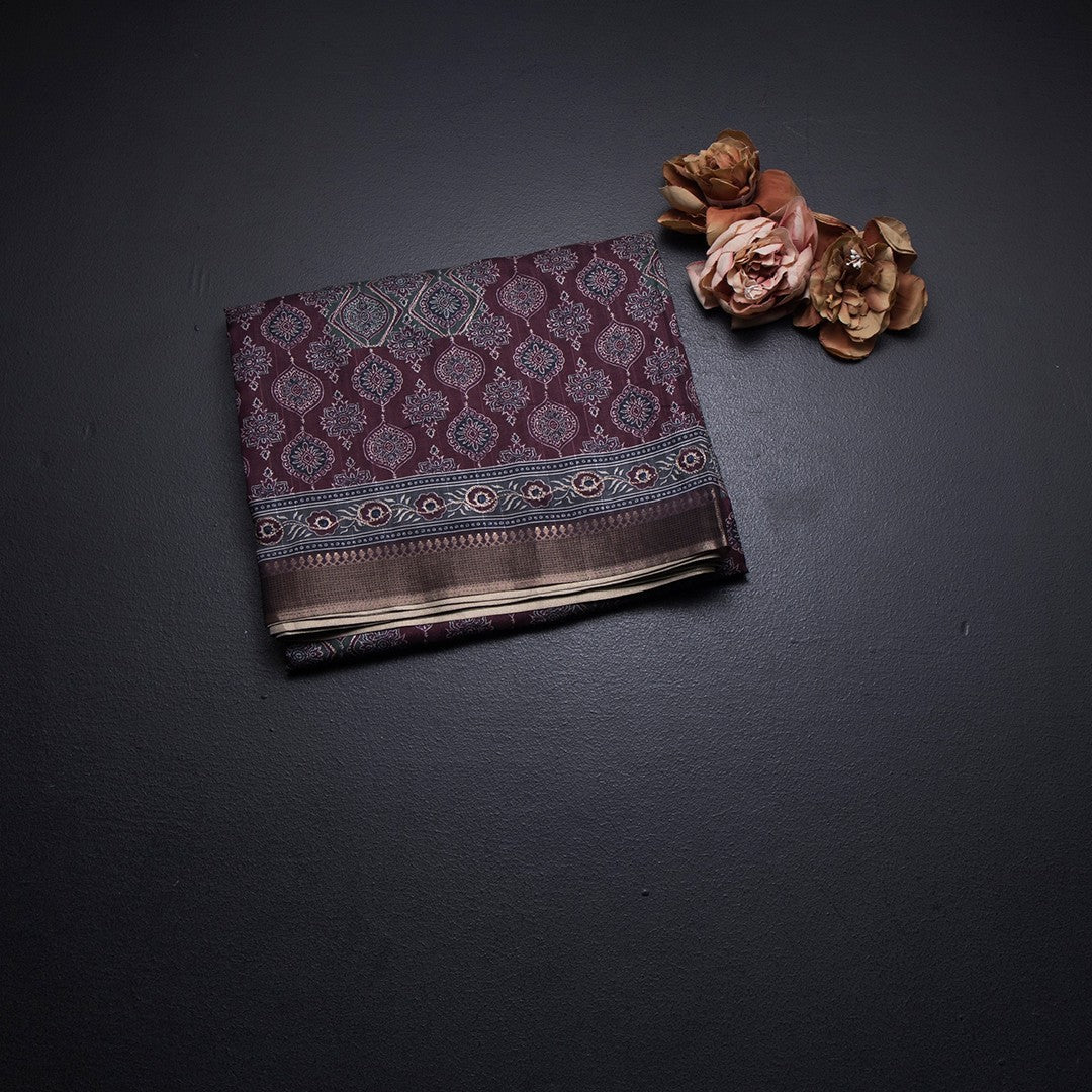 Raw Silk Maroon Printed Saree 02
