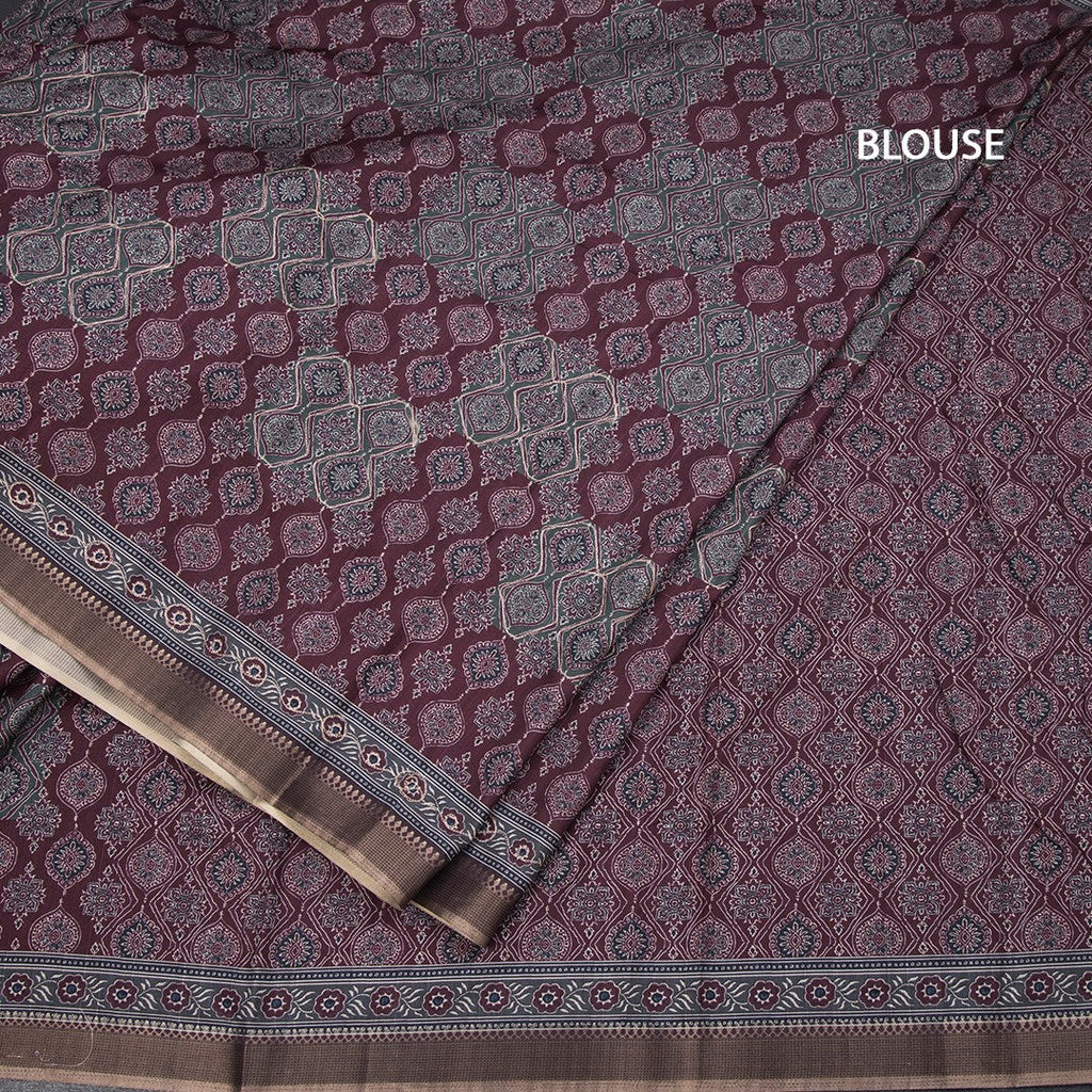 Raw Silk Maroon Printed Saree 02