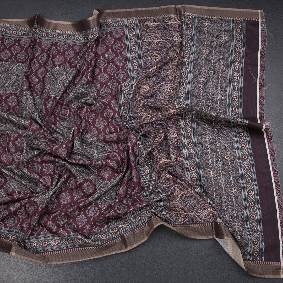 Raw Silk Maroon Printed Saree 02