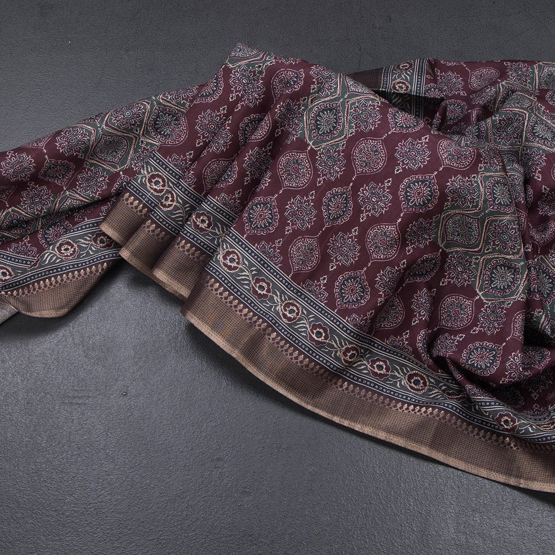 Raw Silk Maroon Printed Saree 02