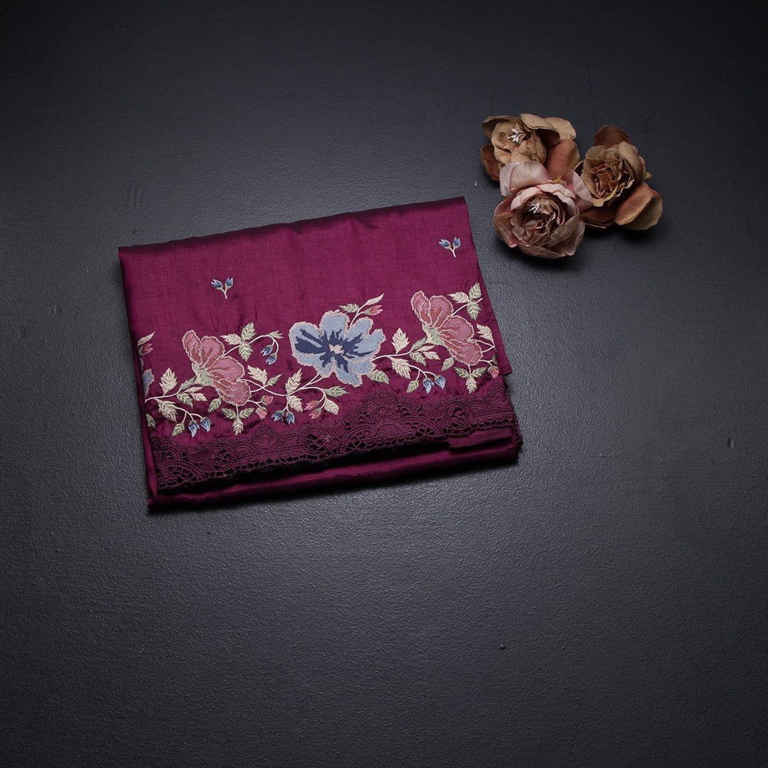 Raw Silk Wine Colour Saree With Thread Buttas And Cut Work Border