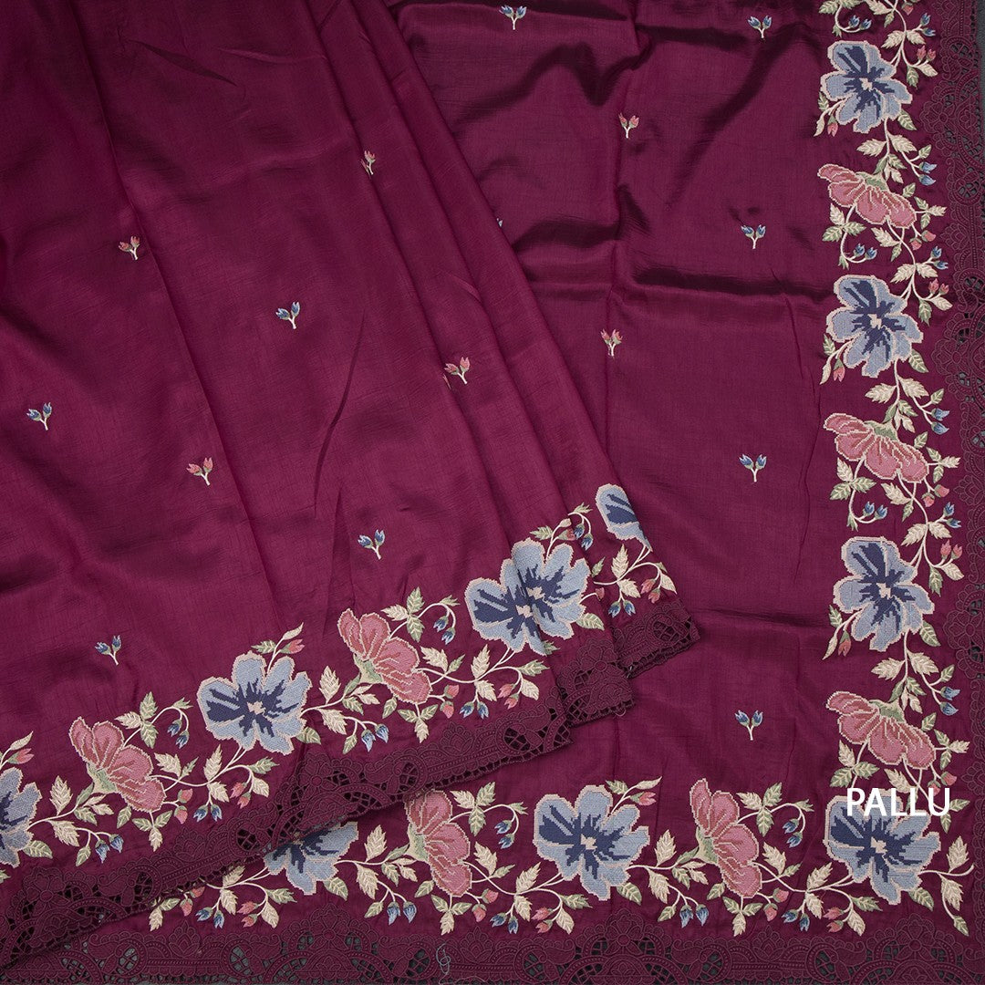 Raw Silk Wine Colour Saree With Thread Buttas And Cut Work Border