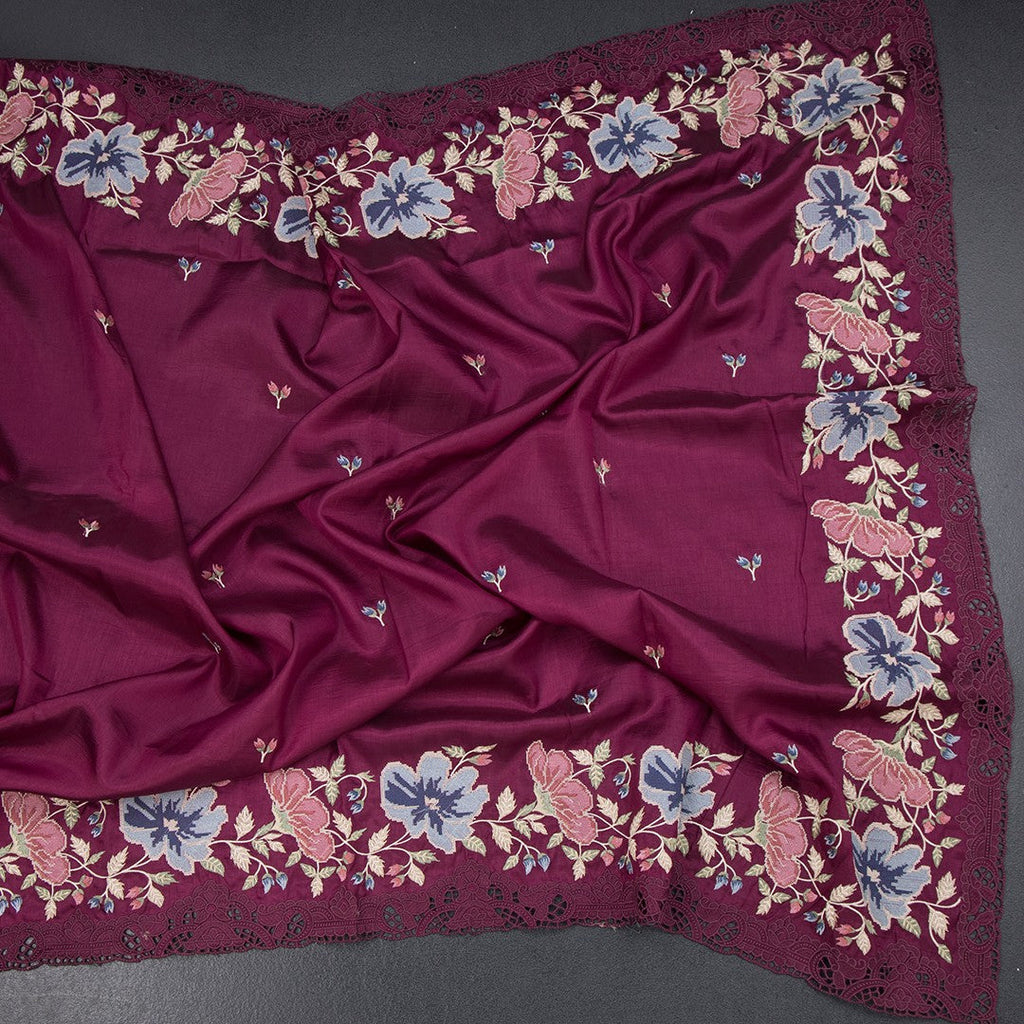 Raw Silk Wine Colour Saree With Thread Buttas And Cut Work Border