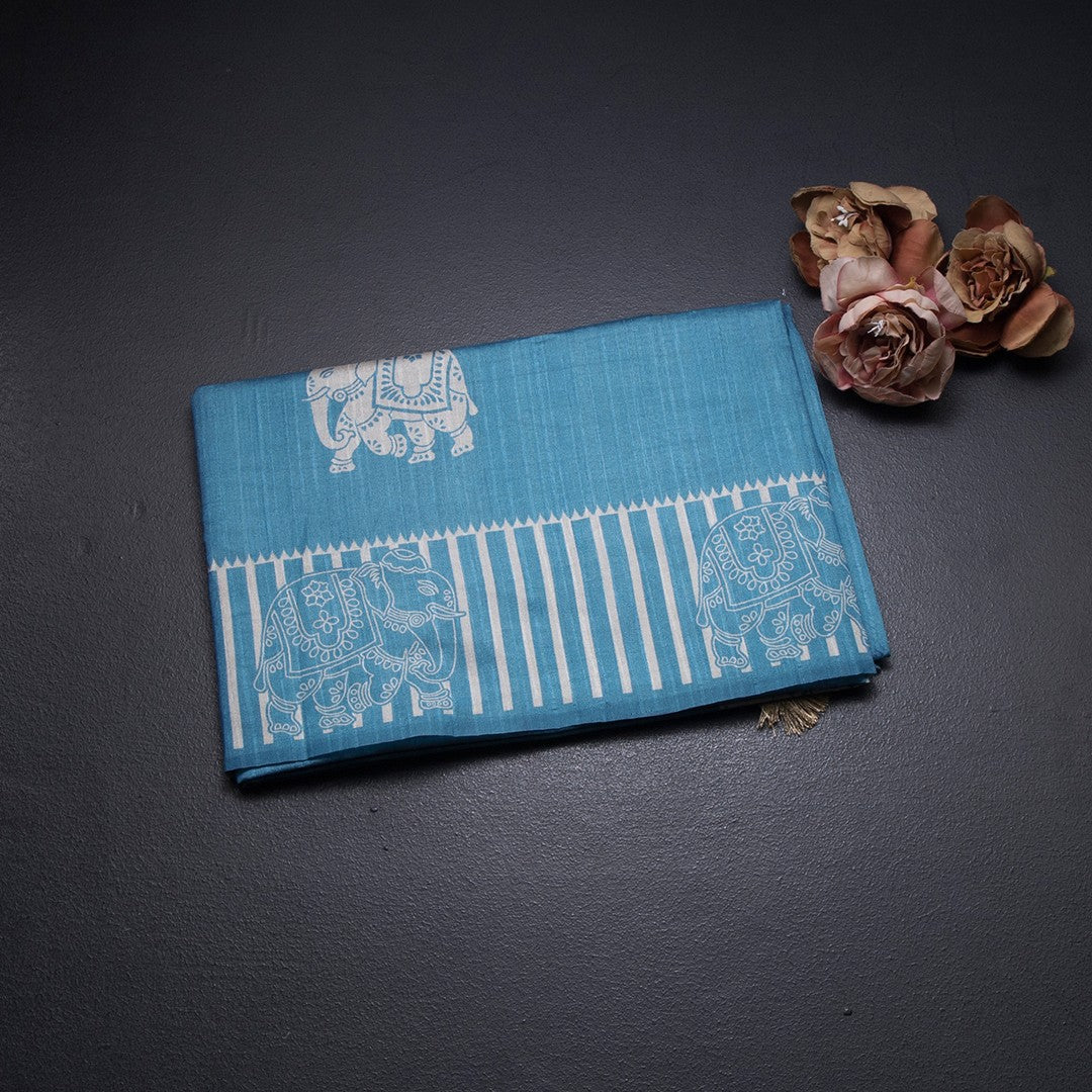 Semi Raw Silk Blue Elephant Printed Saree And Stripes Border
