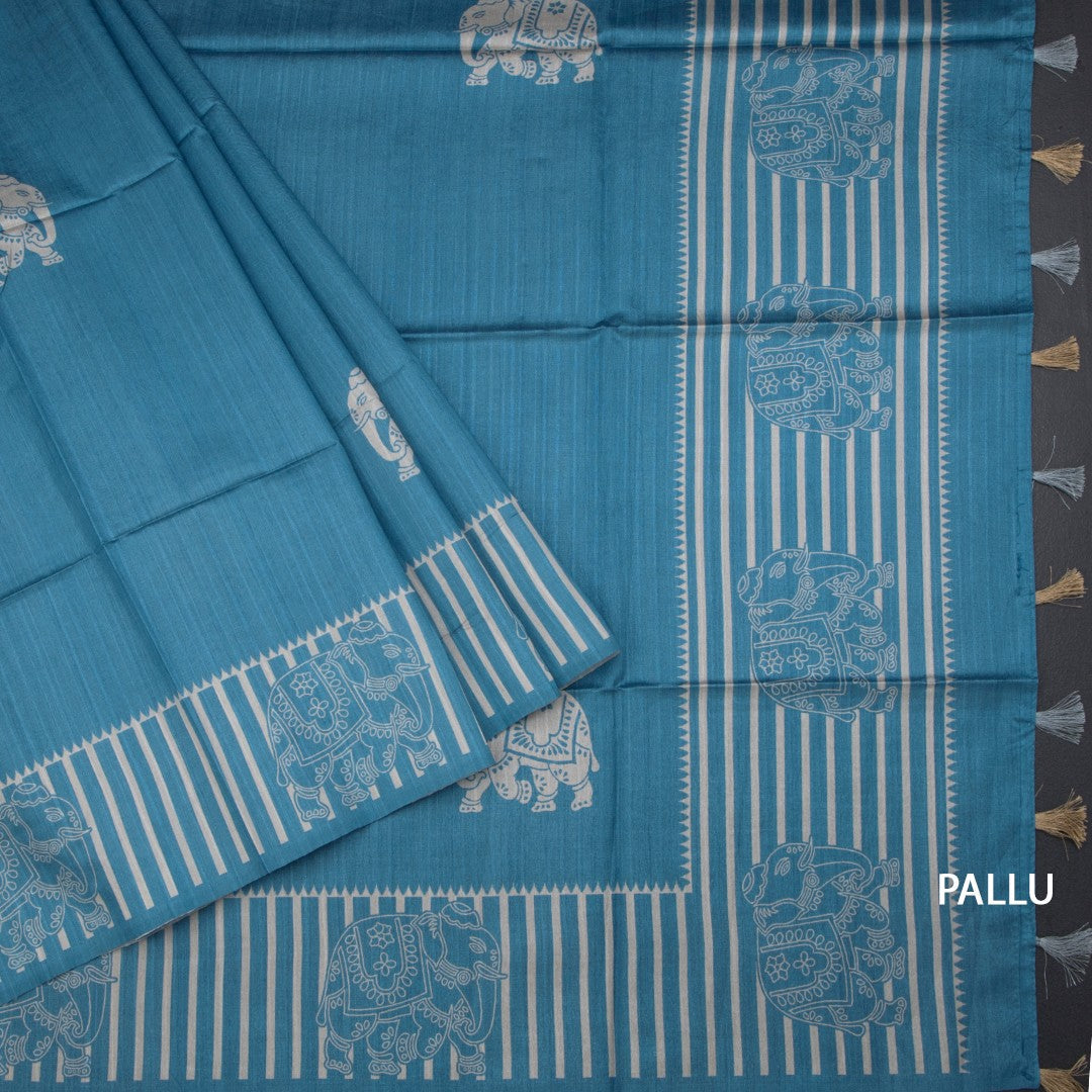 Semi Raw Silk Blue Elephant Printed Saree And Stripes Border