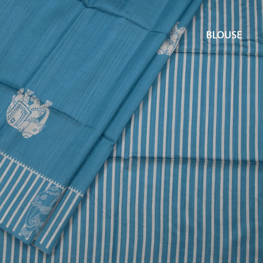 Semi Raw Silk Blue Elephant Printed Saree And Stripes Border