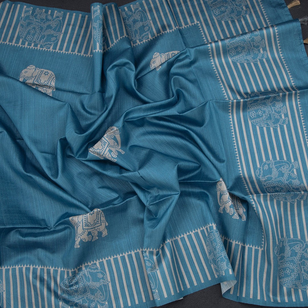Semi Raw Silk Blue Elephant Printed Saree And Stripes Border
