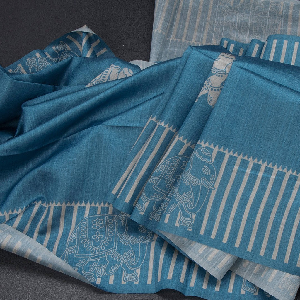 Semi Raw Silk Blue Elephant Printed Saree And Stripes Border