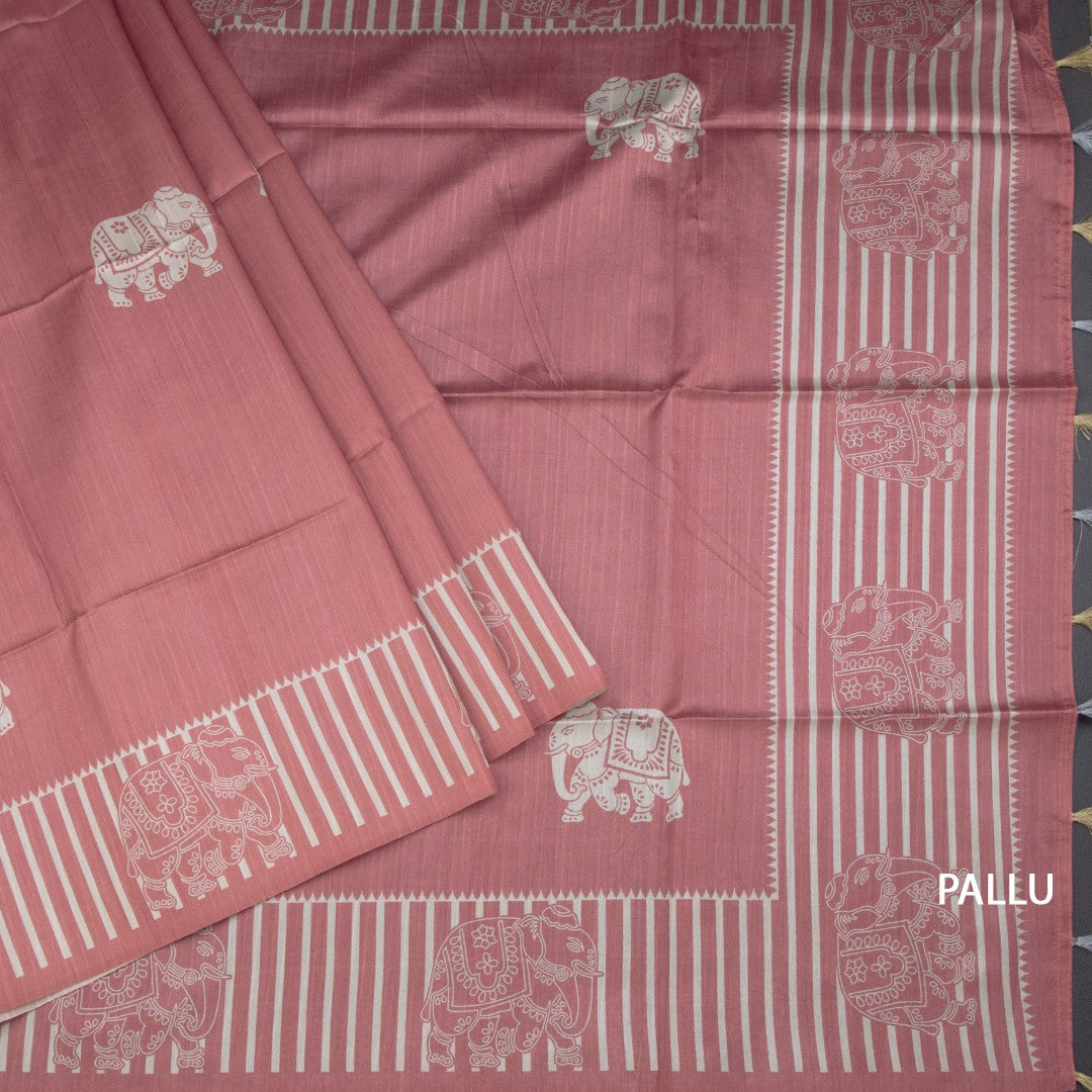 Semi Raw Silk Onion Pink Elephant Printed Saree And Stripes Border