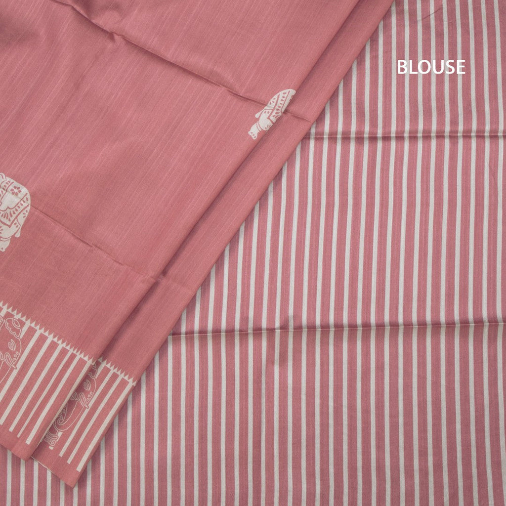 Semi Raw Silk Onion Pink Elephant Printed Saree And Stripes Border
