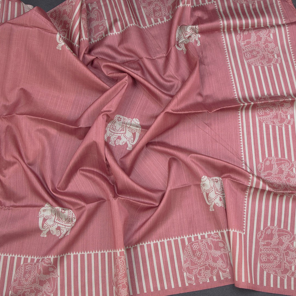 Semi Raw Silk Onion Pink Elephant Printed Saree And Stripes Border