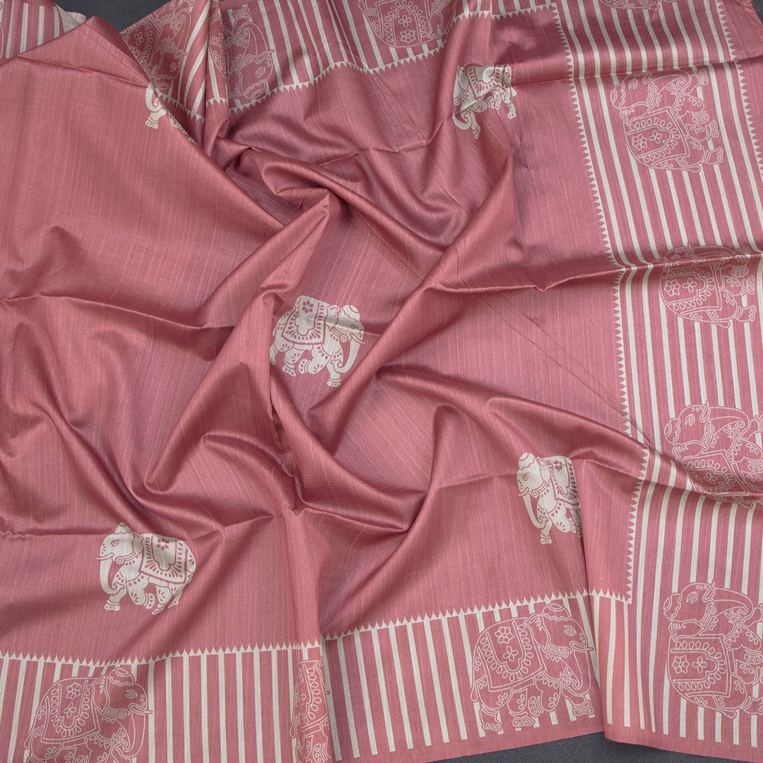 Semi Raw Silk Onion Pink Elephant Printed Saree And Stripes Border